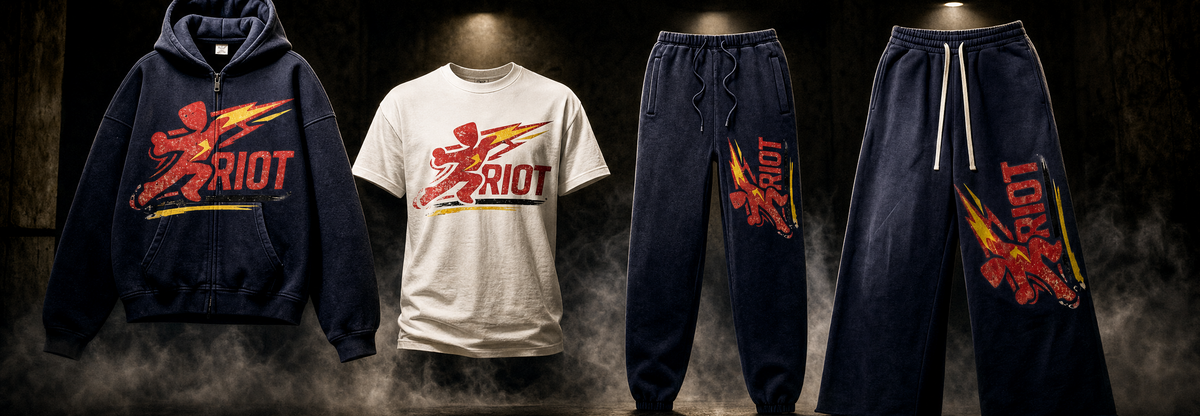 A promotional graphic showing apparel designs with the text 'I AM NO HERO BORN OF RIOT' and 'COMING SOON.' Four garments are displayed against a dark smoky background: a navy hoodie, a white T-shirt, and two navy jogger pants, each featuring a red and orange Riot-style graphic.